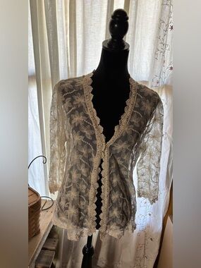 Cato Floral Lace 1 Button Fly-away Cardigan Cream Boho Sheer Mesh Crochet Sz M